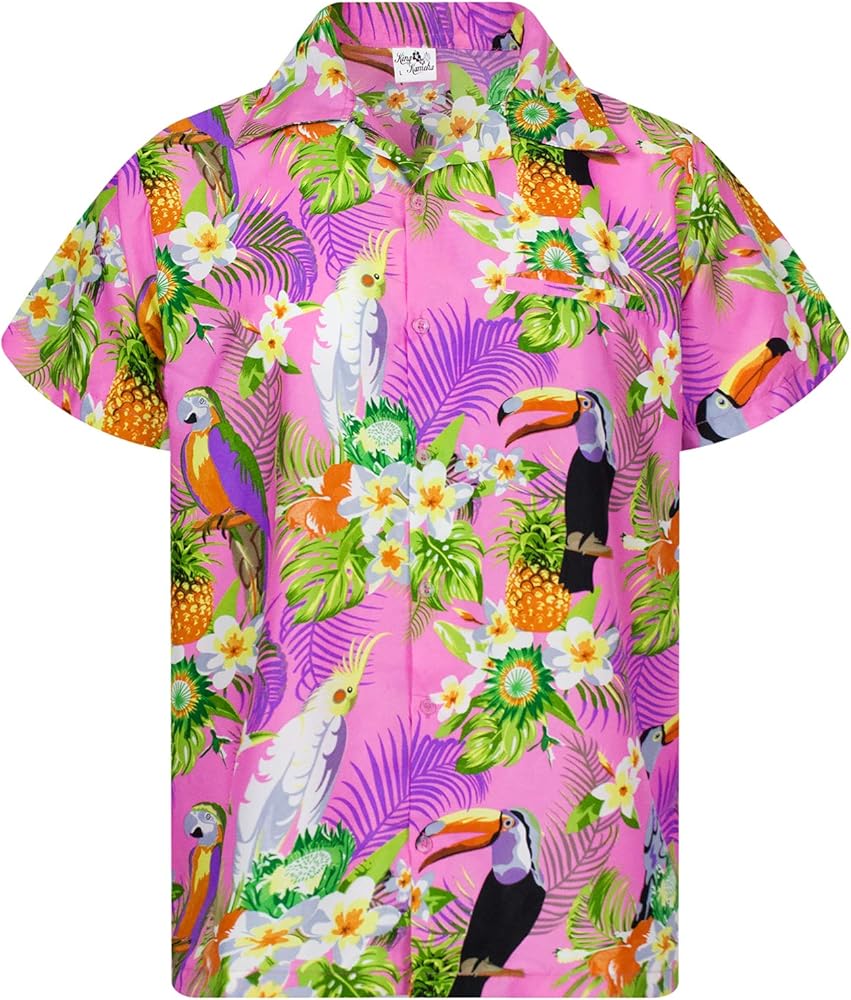 Mens Vintage-Hawaiian-Shirt Casual-Short-Sleeve Button-Down Parrot-Cockatoo-Designs Aloha-Feeling