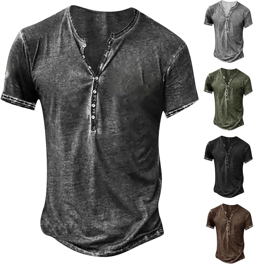 Men's Distressed Henley Shirts Vintage Short/Long Sleeve Button Down T-Shirt Casual Washed Basic T-Shirt