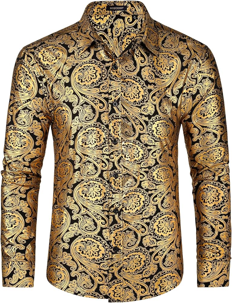 HISDERN Men's Shiny Satin Dress Shirts Luxury Floral Jacquard Slik Like Long Sleeve Fashion Shirt for Wedding Party Prom