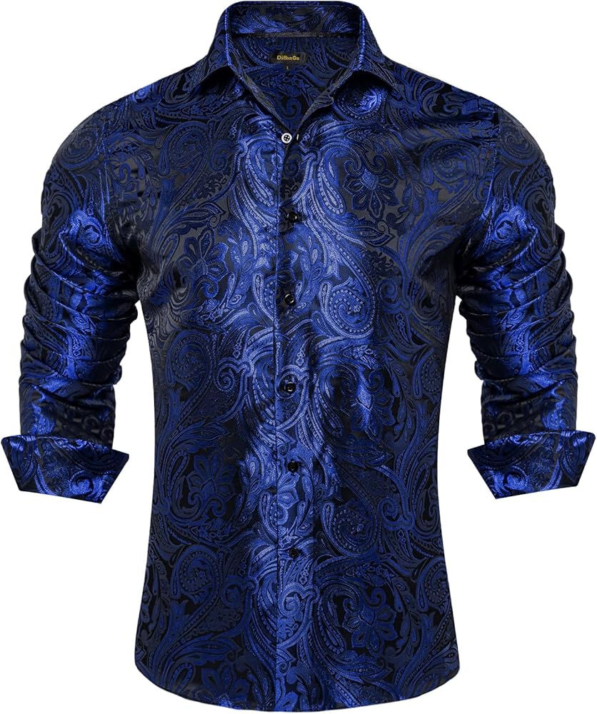 DiBanGu Silk Paisley Dress Shirts for Men Long Sleeve Button Down Shirt Casual Regular Fit Mens Shirts Wedding Party