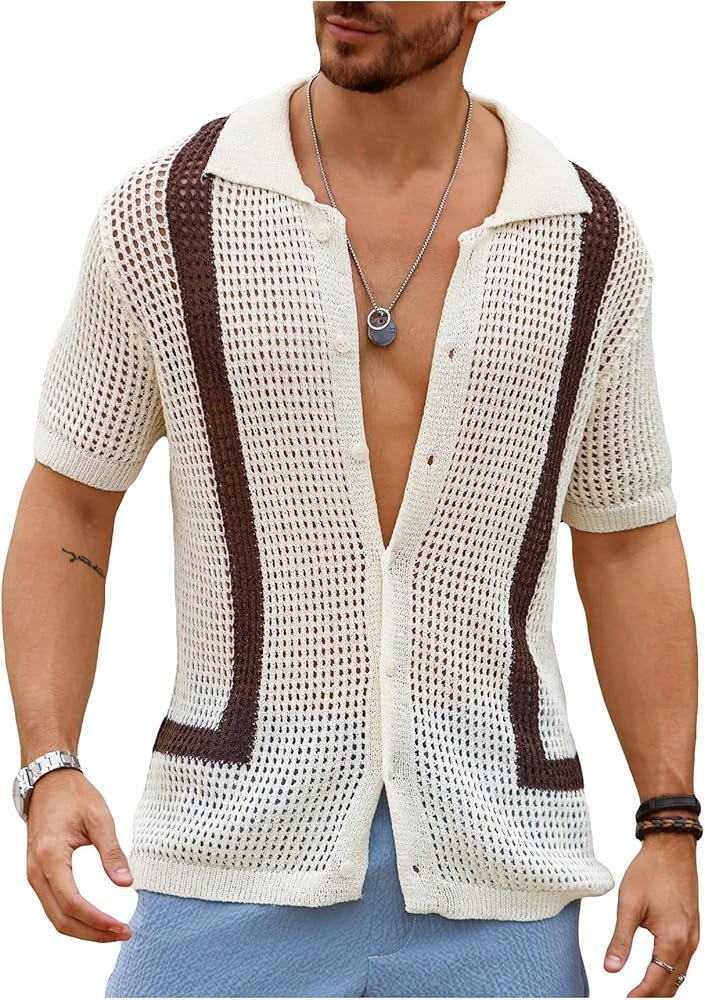 Verdusa Men's Hollow Out Striped Lapel Collar Button Down Shirt Crochet Top