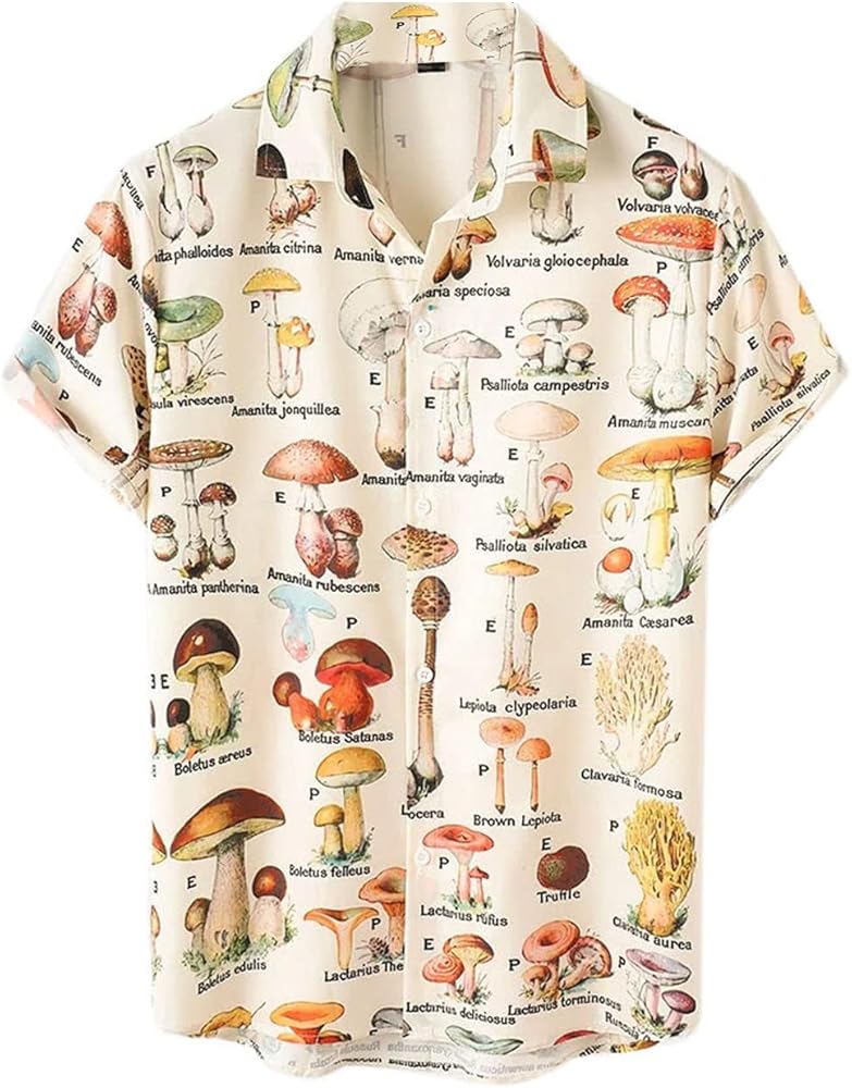 PAODIKUAI Men's Printed Shirt Button Down Short Sleeve Cute Mushroom Hawaiian Shirt