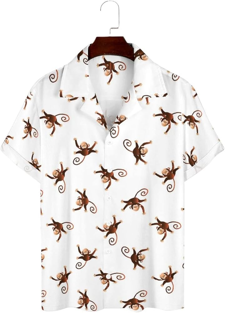 Pattern with Monkeys Men's Shirt Button Down Short Sleeve Cuban Hawaiian Beach Shirts Top