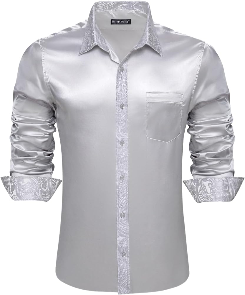 Barry.Wang Men's Dress Shirts Lightweight Button Down Silk Long Sleeve Shirt Casual Business Contrast Woven Floral Tops