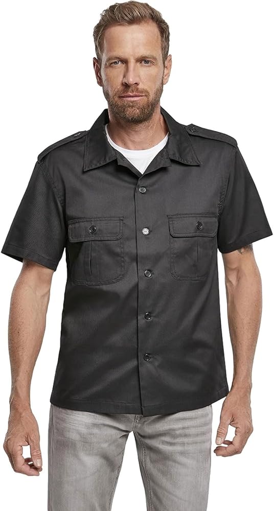 Individual Wear Men's Worker Durable Straight-Cut Button Down Short Sleeve Shirt with Shoulder Boards & Chest Pockets