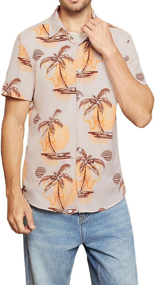 SweatyRocks Men's Allover Print Short Sleeve Button-Down Shirts Casual Vacation Aloha T-Shirt Tops