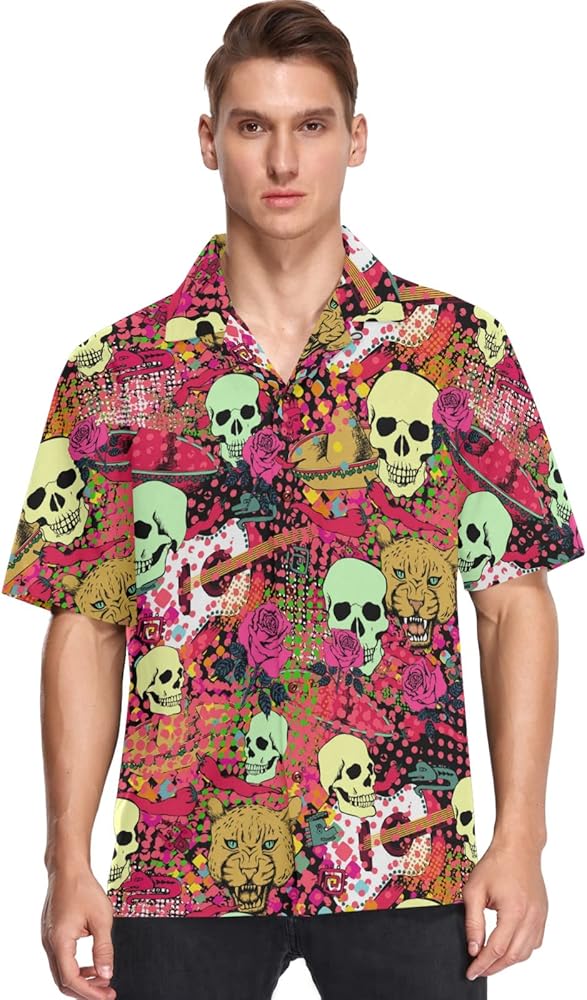 visesunny Hawaiian Shirt for Men Skull Guitar Leopard Grain Cool Short Sleeve Beach Summer Casual Button Down Aloha Shirt Quick Dry