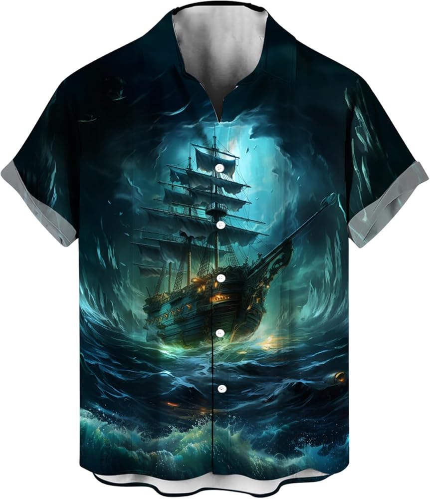 Funny Pirate Shirt Pirate Ship Graphic Short Sleeved Button Shirt