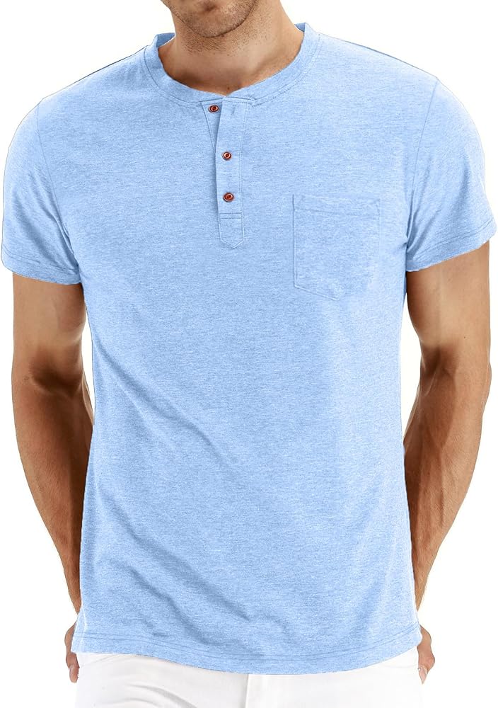 Men Henley Shirt Short Sleeve Summer T-Shirt with Pocket Solid Button Tee Top