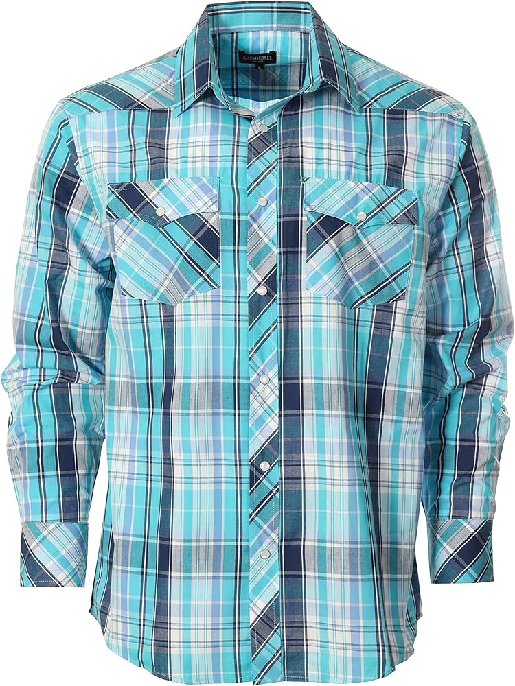 Gioberti Men's Western Plaid Long Sleeve Shirt with Pearl Snap-on