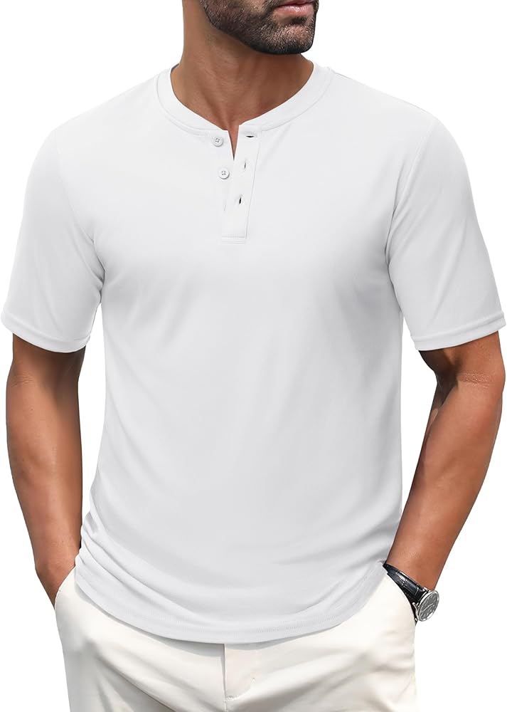 MAGCOMSEN Men's Henley Shirts Short Sleeve Casual Collarless Shirt Quick Dry Summer T-Shirts Golf Workout Tops