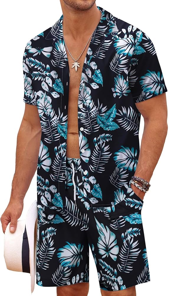 Hawaiian Shirts and Shorts Sets Mens Button down 2 Piece Summer Casual Vacation Hawaii Tropical Beach Outfits