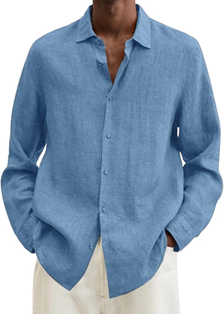 Linen Male Summer Cotton Linen Solid Casual Plus Size Relaxed Fit Shirt Mens Spread Collar Long Sleeve Shirt Button Down