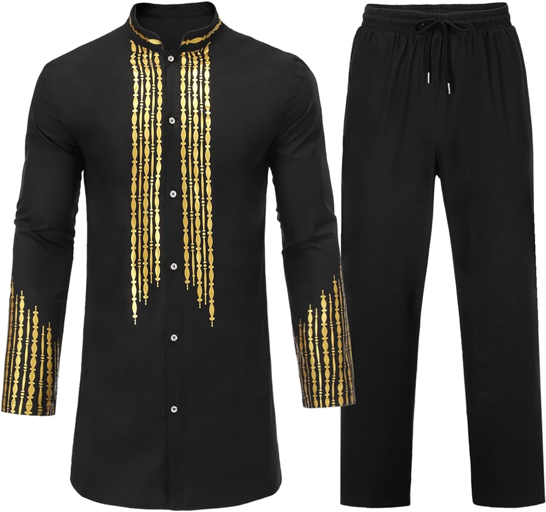 Daupanzees Mens African 2 Piece Set Traditional Suit Dashiki Button Down Shirt and Pants Outfit