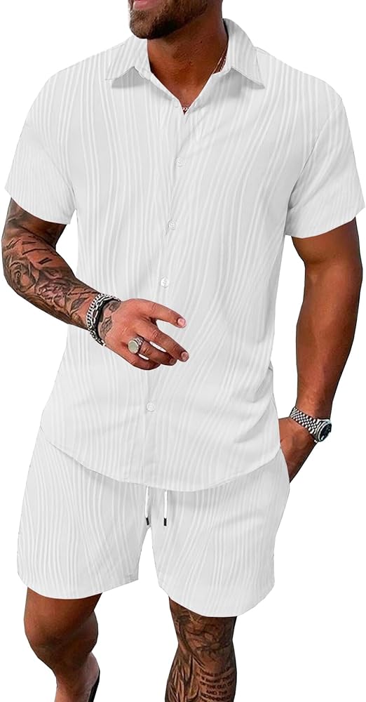 Summer Outfits for Men 2 Piece Short Sleeve Button Down Shirt & Shorts Set Casual Vacation Beach Tracksuit