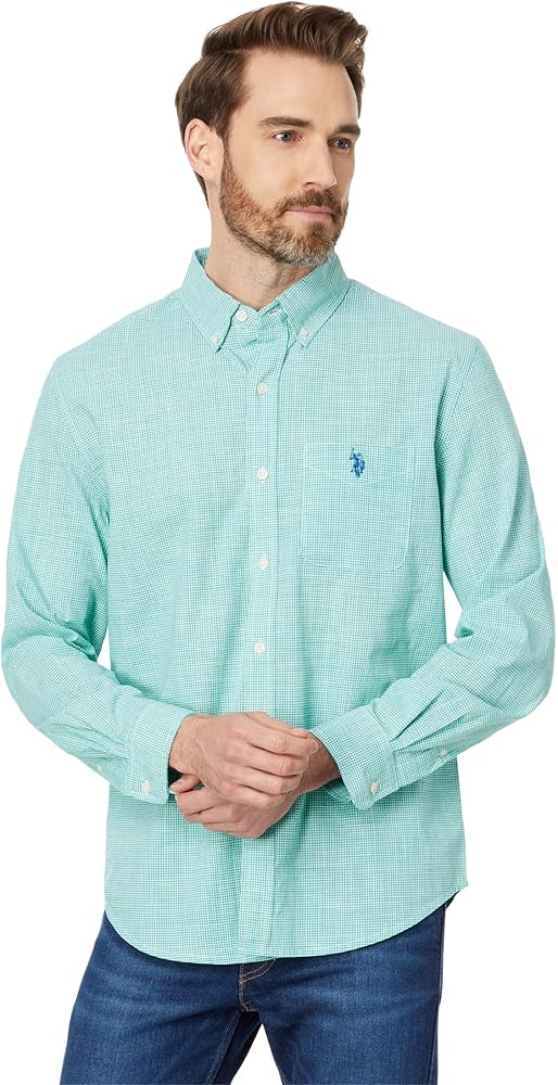 U.S. Polo Assn. Men's Long Sleeve Classic Fit 1 Pocket Gingham Cotton Stretch Yarn Dye Slub Poplin Woven Shirt