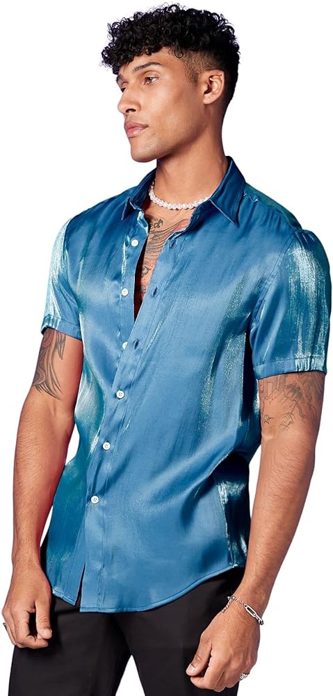 WDIRARA Men's Silk Satin Metallic Button Down Short Sleeve Collared Shirts Rave Disco Club Tops