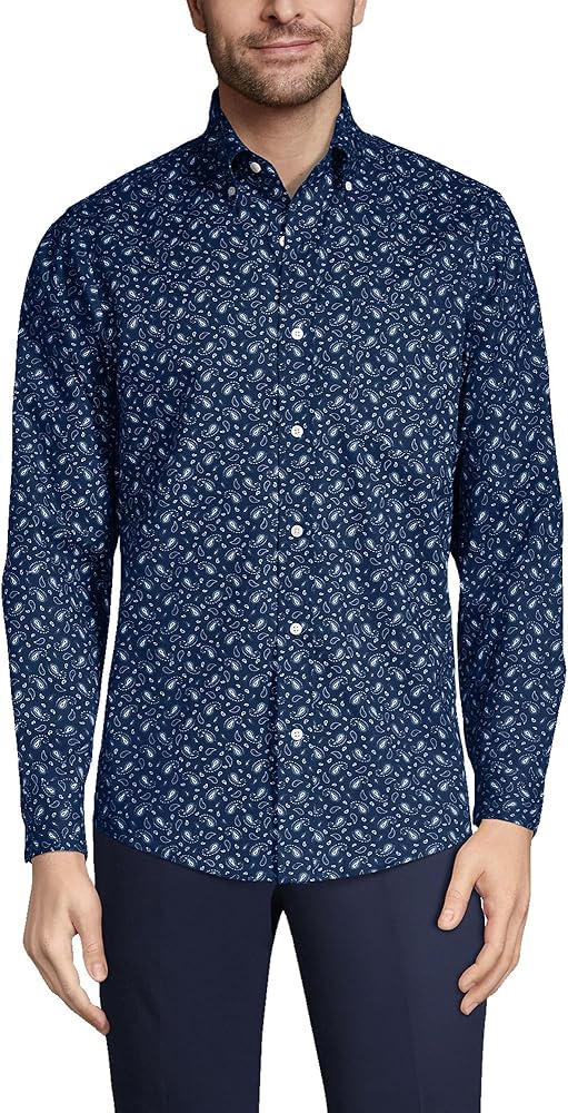 Lands' End Mens Traditional Fit No Iron Twill Shirt Deep Sea Navy Geo Paisley Regular Large