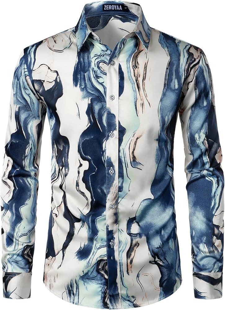 ZEROYAA Men's Hipster Printed Slim Fit Long Sleeve Button Up Satin Dress Shirts