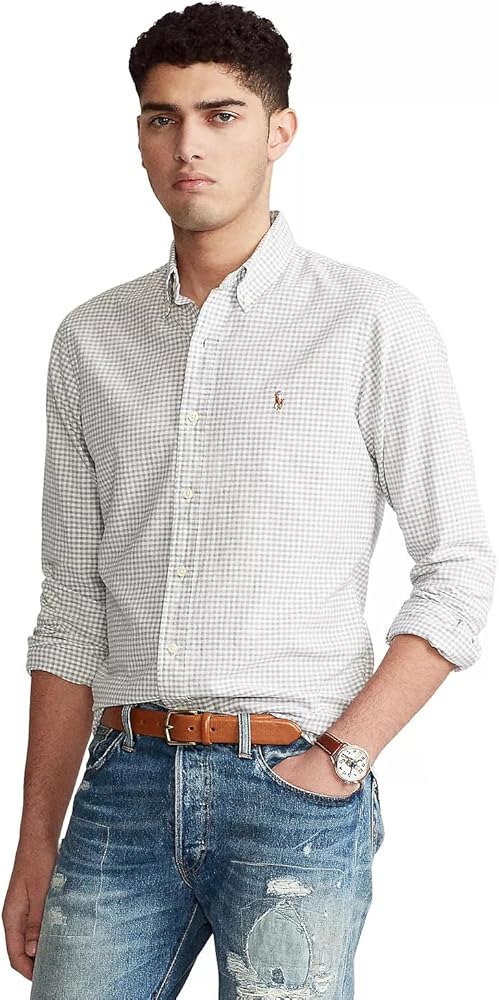 POLO RALPH LAUREN Mens Slim-Fit Oxford Button Down Shirt (Smoke Grey Checkered, XXL)