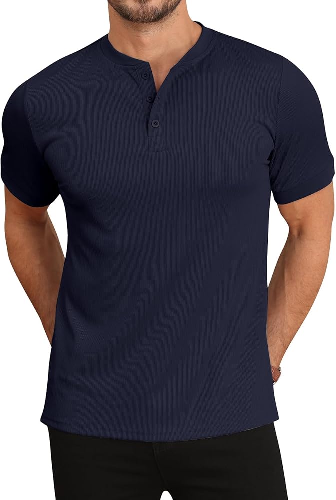 Men's Short Sleeve Henley Shirts Ribbed Stretchy T-Shirts Button Down Tee Casual Basic Tops