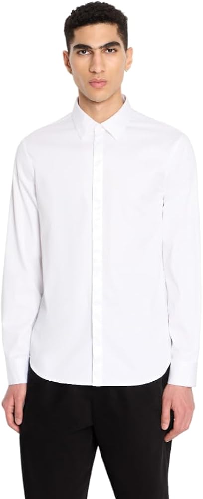 A | X ARMANI EXCHANGE Men's Regular Fit Stretch Cotton Satin Logo Placket Button Down Woven Shirt