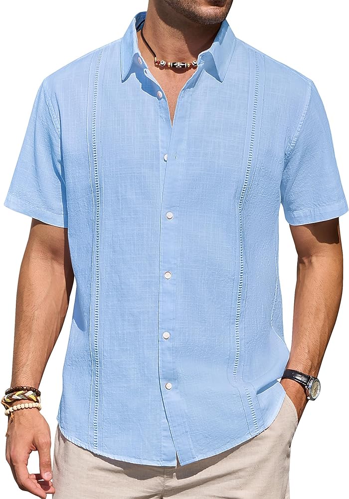 Mens Linen Shirts Short Sleeve Button Up Casual Lightweight Solid Shirt Stylish Cuban Guayabera Beach Tops