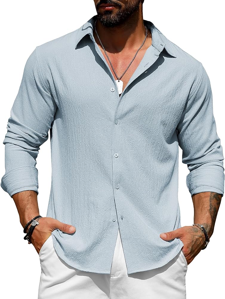 URRU Men's Casual Shirt Long Sleeve Wrinkle-Free Seersucker Button Down Dress Shirt for Men Summer Beach Wedding Shirt