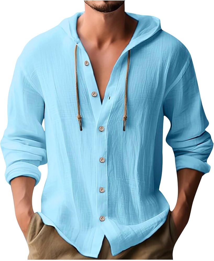 Linen Shirts For Men Solid Color Guayabera Shirts With Hooded Casual Long Sleeve Sweatshirts Button Down Beach Shirts