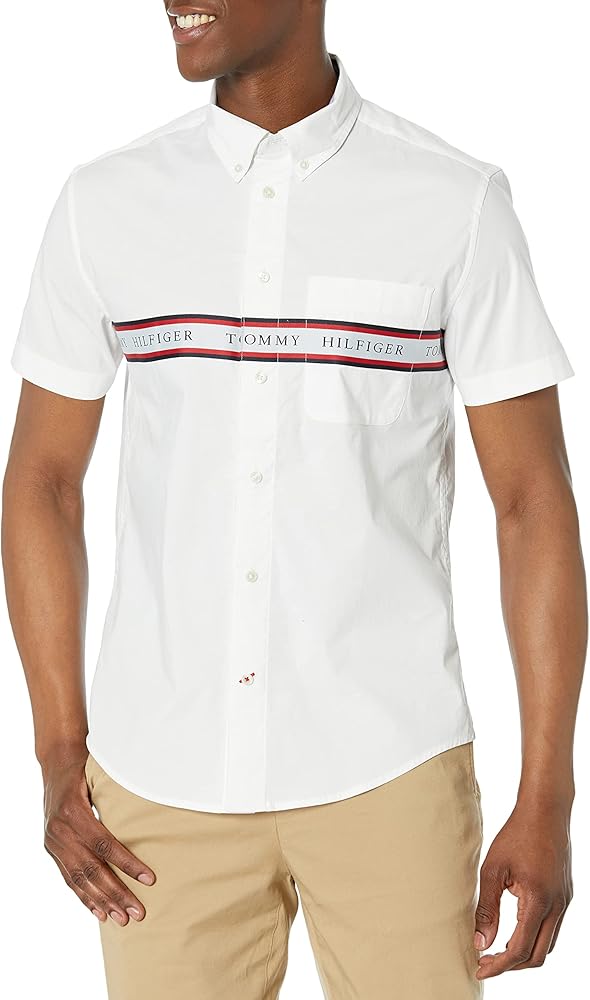 Tommy Hilfiger Men's Slim Fit Logo Short Sleeve Stripe Shirt