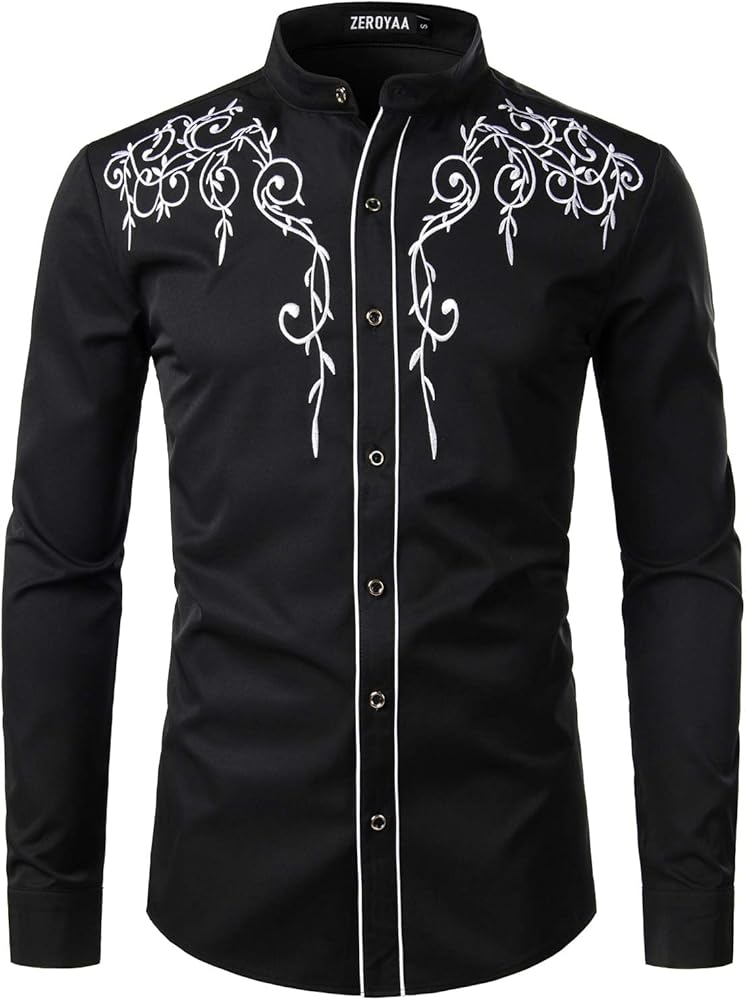 ZEROYAA Men's Western Stylish Band Collar Dress Shirts Embroidery Slim Fit Long Sleeve Mandarin Collar Shirt