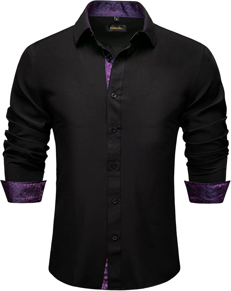 DiBanGu Black Mens Dress Shirts Long Sleeve Button Down Shirts Regular Fit Inner Contrast Business Formal Cotton Shirt S-3XL