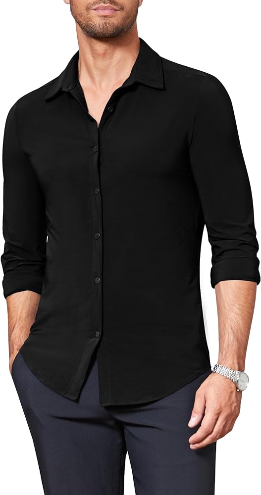 Beotyshow Mens Button Down Dress Shirts Long Sleeve Wrinkle Free Casual Muscle Fit Tee Shirt Beach Top