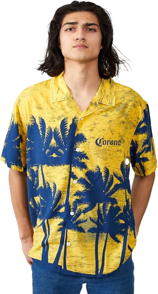 Bioworld Corona Palm Tree Silhouettes Short Sleeve Woven Button-Down Yellow Men's