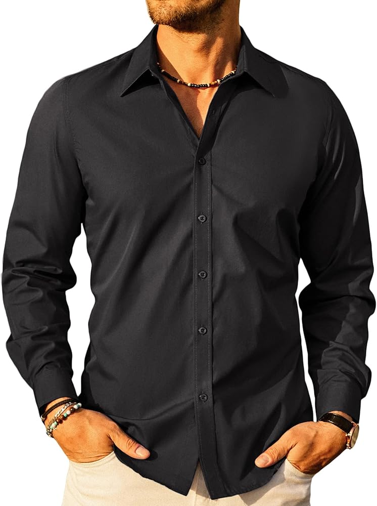 PJ PAUL JONES Men's Business Casual Long Sleeves Dress Shirts A Black