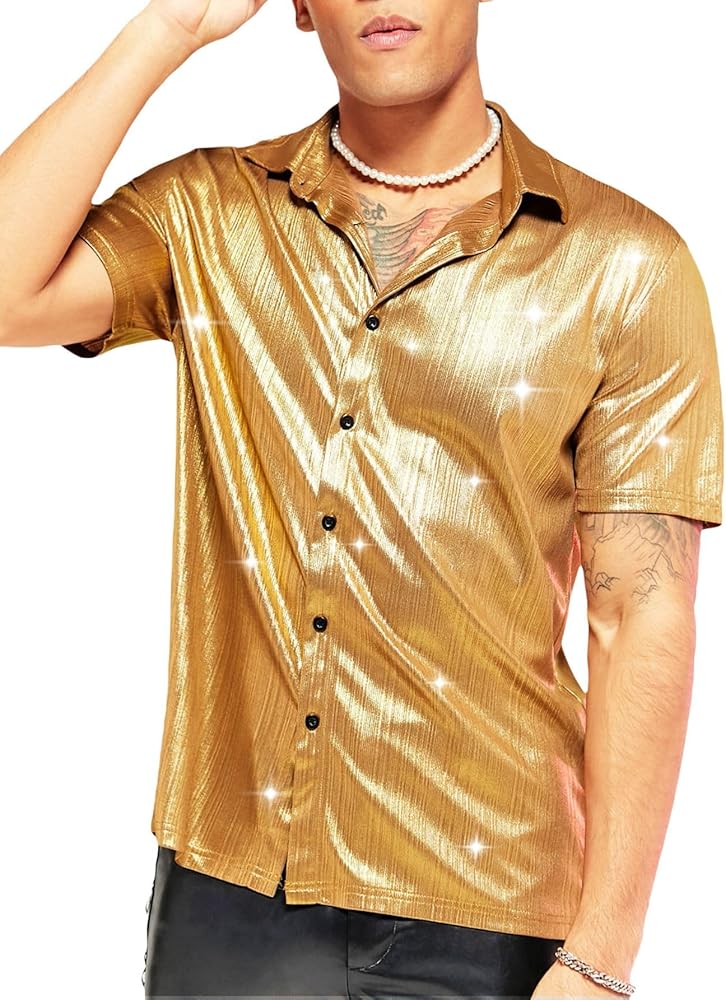 Verdusa Men's Metallic Button Down Shirt Short Sleeve Collar Glitter Top