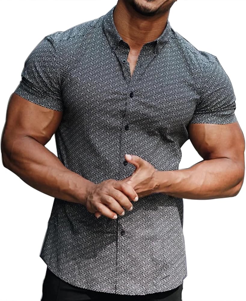 Men's Athletic Dress Shirts Casual Regular Fit Printed Short Sleeve Muscle Button Down Shirts