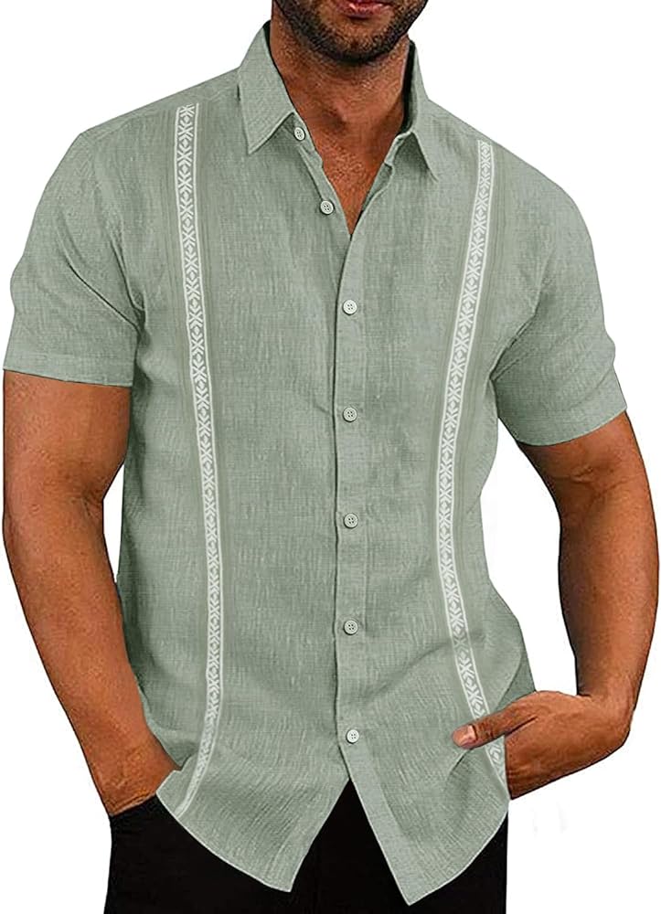 Mens Cuban Guayabera Shirts Cotton Relaxed Fit Linen Short Sleeve Weeding Shirt Beach Button Down Tops