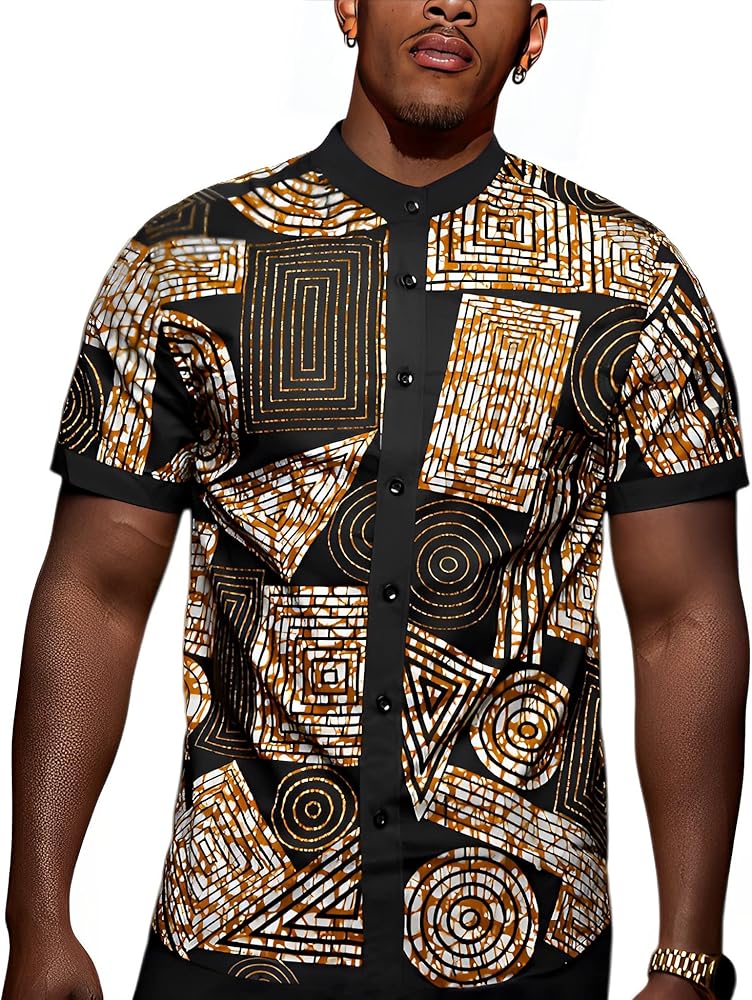 Men's African Traditional Pattern Print Shirt Casual Short Sleeve Button Down Shirts Luxury Printed Dashiki for Men