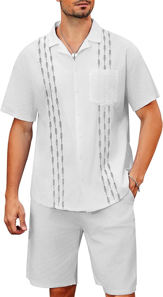 YALLET Men's Short Sleeve Shirts Sets 2PCS Linen Casual Button Down Top+Shorts Outfit Summer Holiday Hawaiian Beach Suit