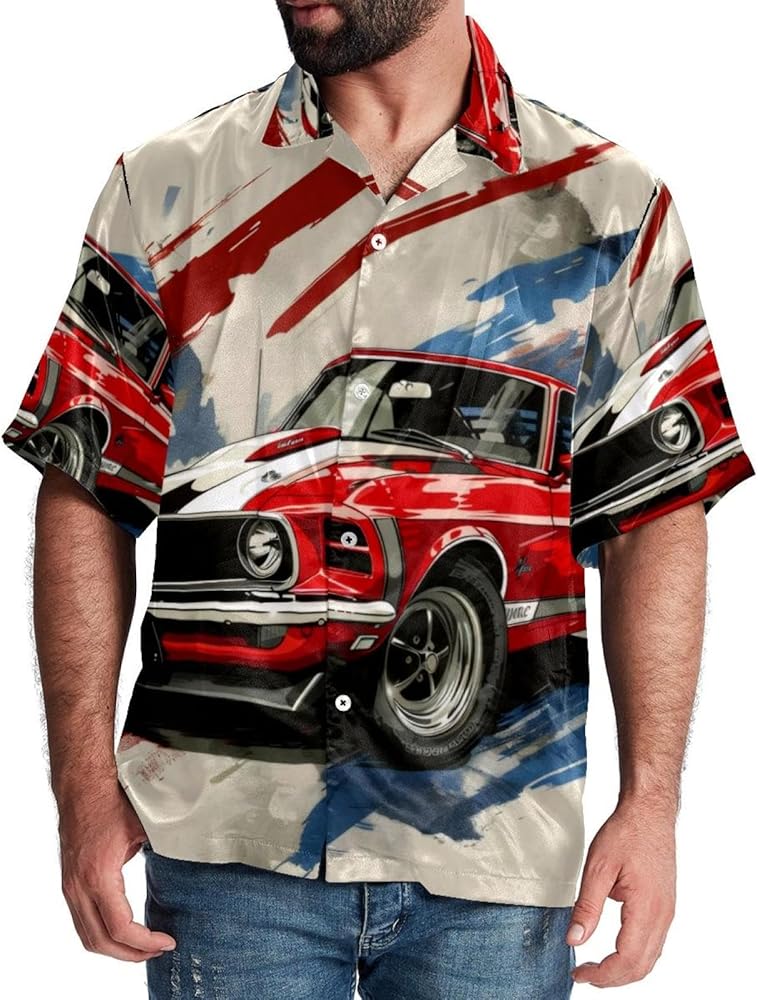 Hawaiian Shirt for Men Short Sleeve Button Down Shirt Causal Summer Shirt Racing Car Vintage Pattern