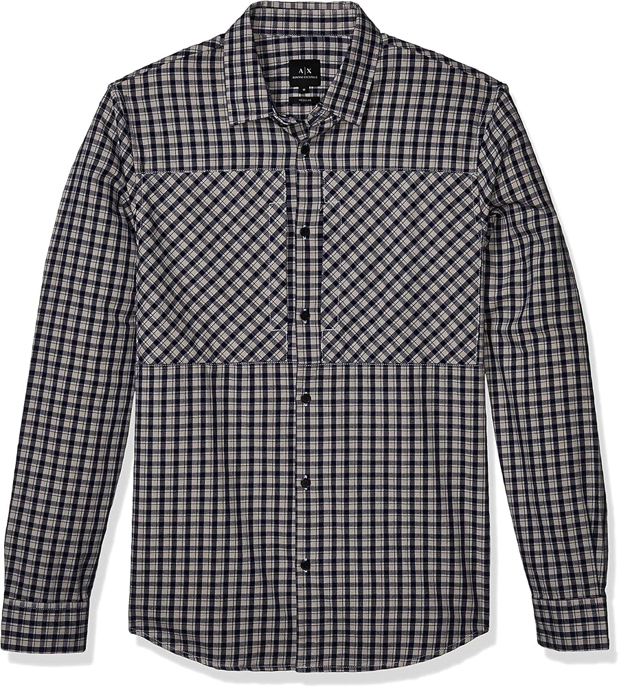 Armani Exchange Men's Cotton Check Long Sleeve Button Down Shirt Paneled Chest