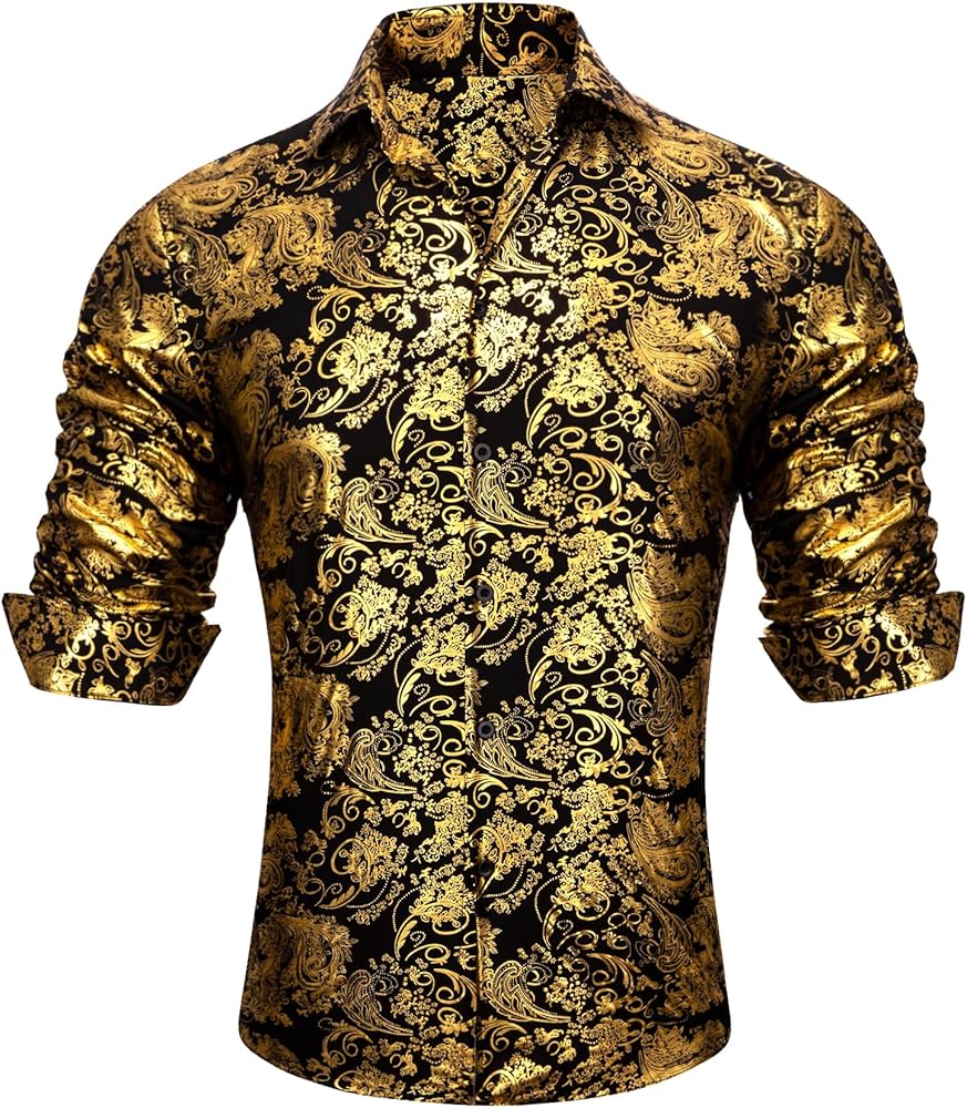 Barry.Wang Night Club Dress Shirts for Men Shiny Holiday Party Print Shirt Long Sleeve Button Regular Fitted Tops