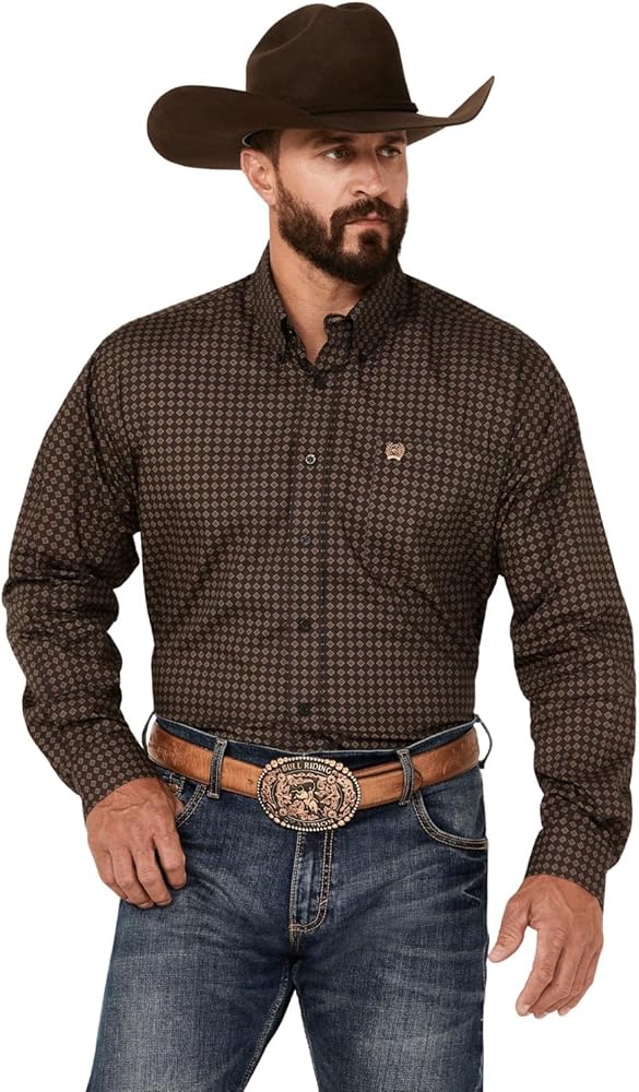 Cinch Men's Geo Print Long Sleeve Button-Down Western Shirt Dark Brown Small