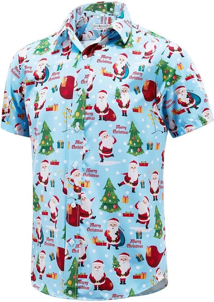 ENVMENST Christmas Button Up Shirt for Men Fun Printed Casual Short Sleeve Hawaiian Santa Shirt