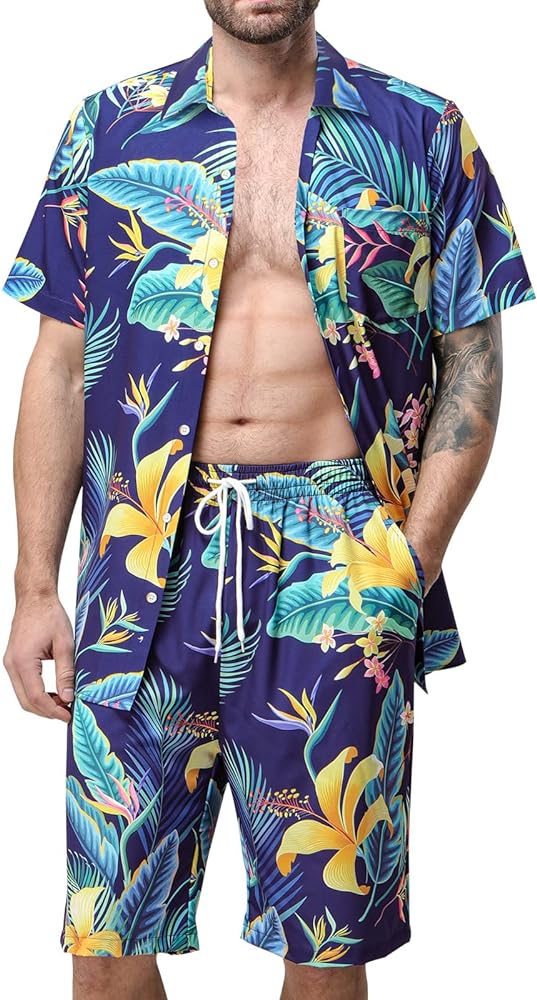 MRIGNT Men's Hawaiian Shirt and Short, 2 Piece Vacation Outfits Sets Short Sleeve Shirt Beach Casual Button Down Shirts Suits