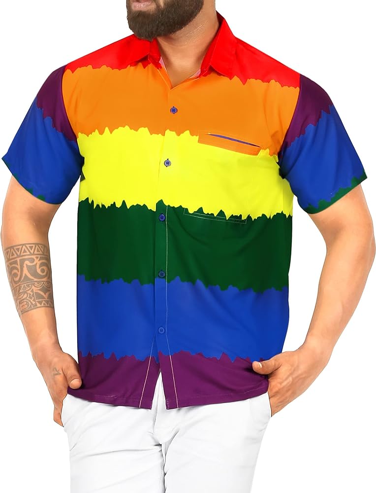 LA LEELA Men's Summer Beach Shirt Hawaiian Short Sleeve Button Down Pride Rainbow Flag Shirts for Men