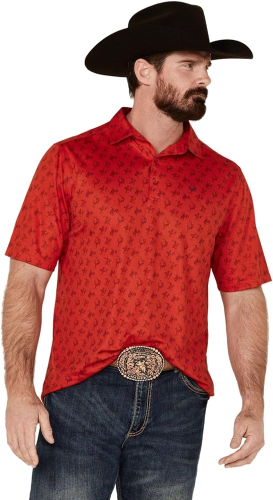 Cinch Men's Arenaflex&Reg; Cowboy Print Short Sleeve Performance Polo Red X-Large US