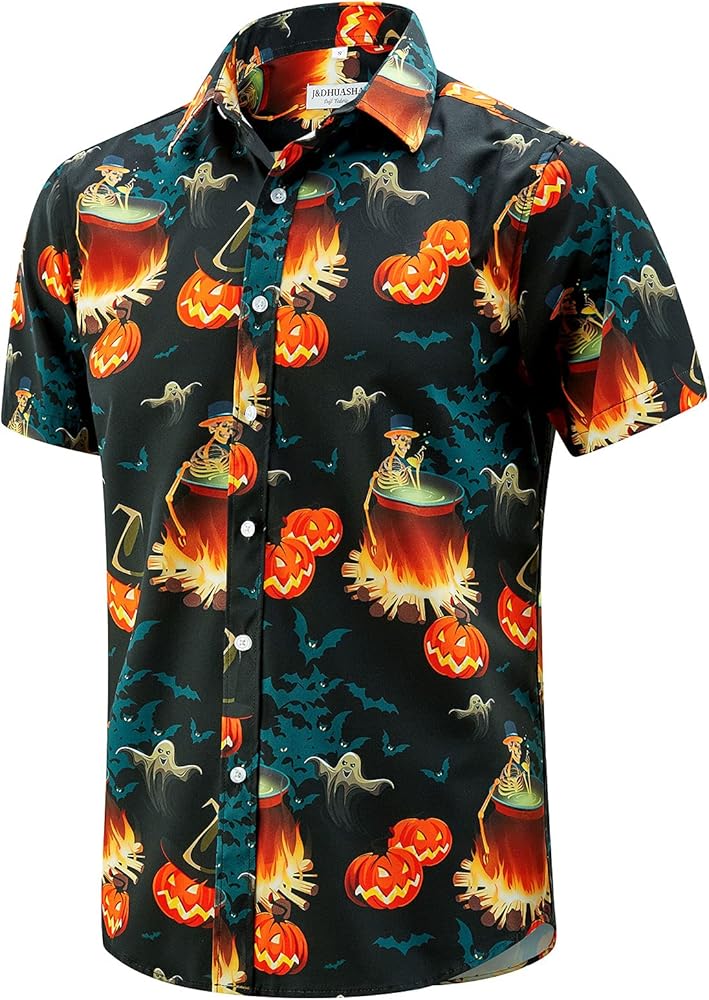 J&DHUASHA Mens Halloween Shirt Fun Pumpkins Short Sleeve Button Down Hawaiian Dress Shirts