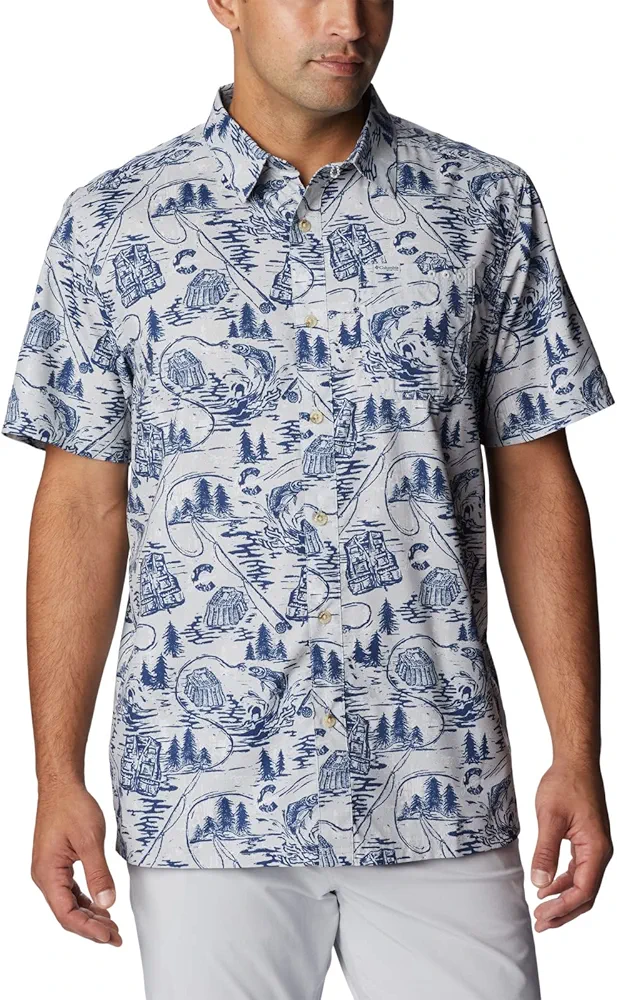 Columbia Men's Super Slack Tide Camp Shirt, Cool Grey PFG Origins Print, Large